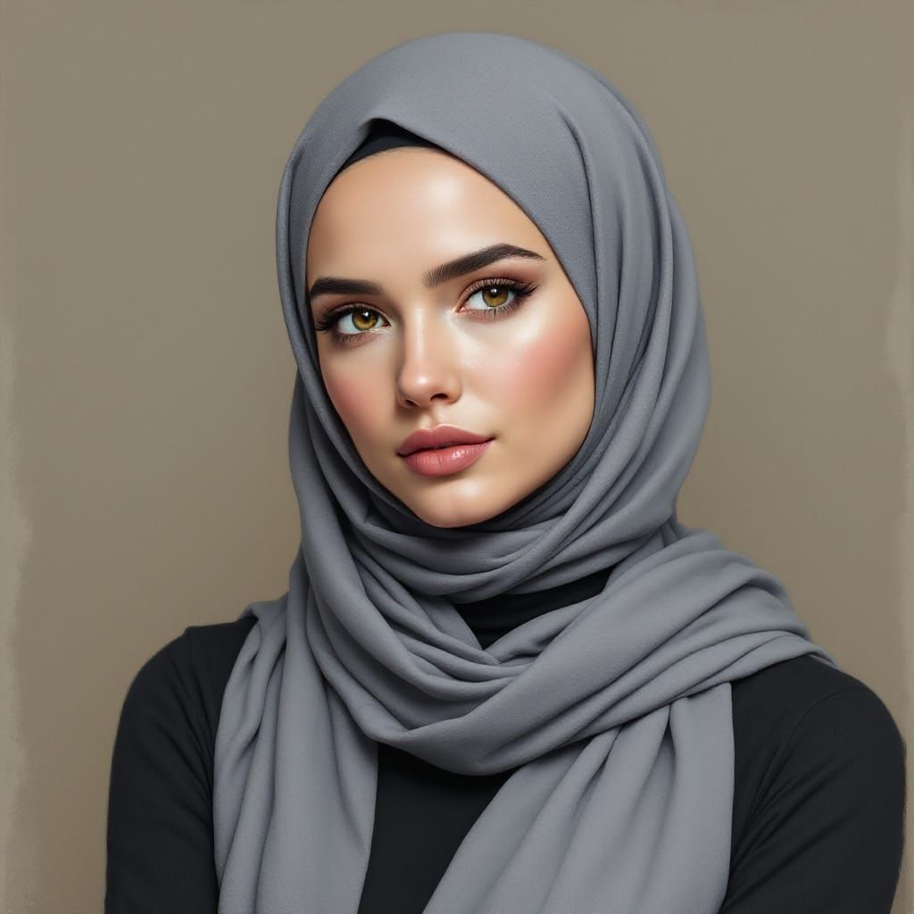 Ukrainian Woman Portrait in Grey Hijab, Modern Art Painting