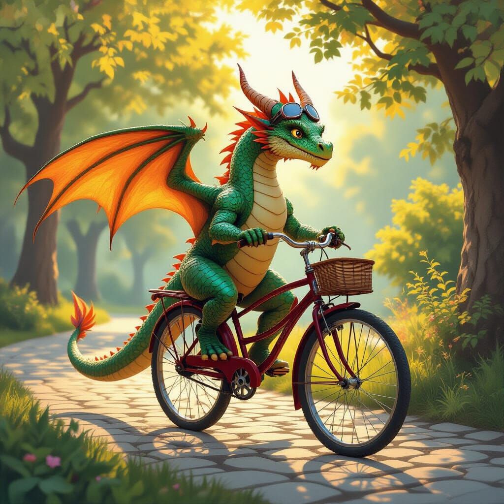 Majestic Dragon Rides Vintage Bicycle in Golden Light