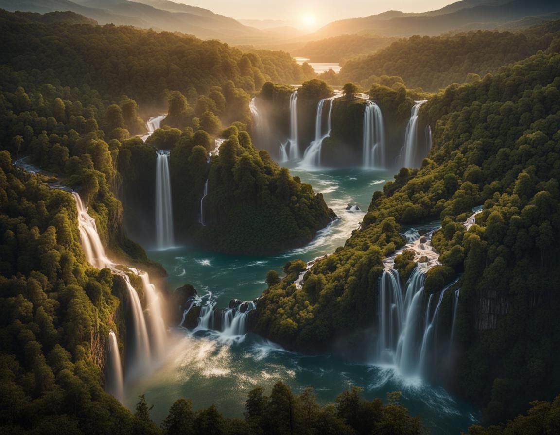Temperate Landscape with Cascading River at Magic Hour