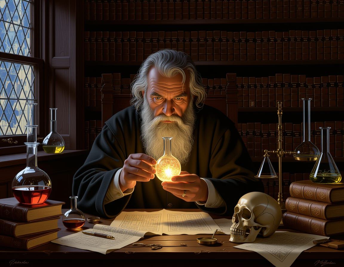 Alchemist's Midnight Study Masterpiece Oil Painting