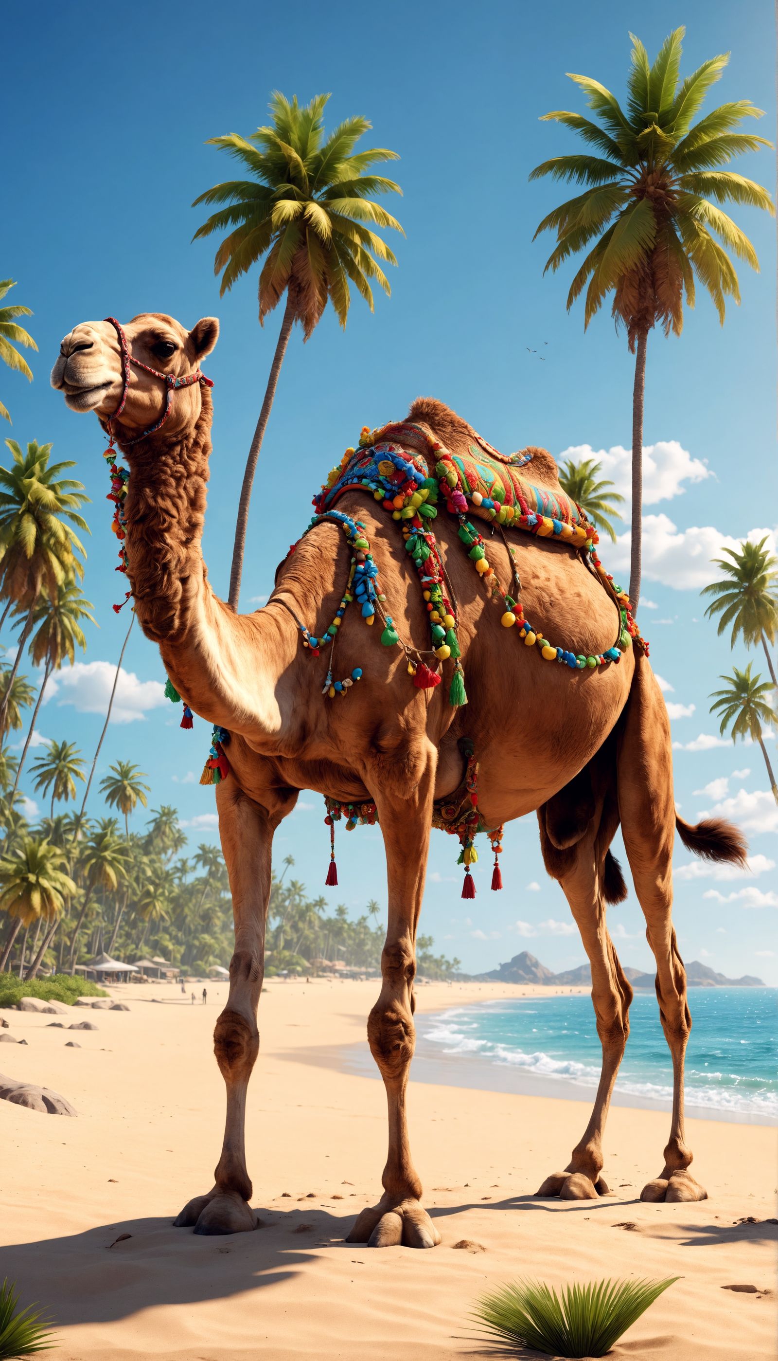 Cartoon Camel on Tropical Beach