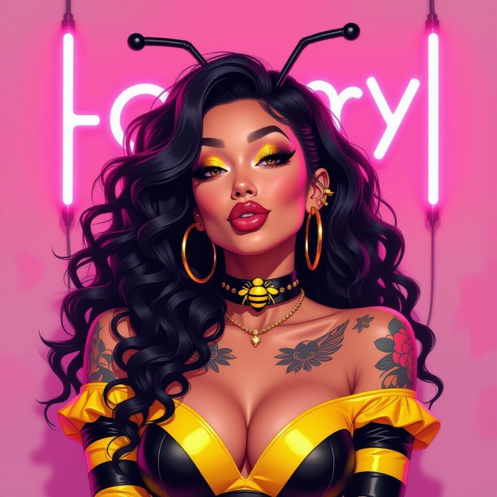 Sassy Bee Lady in Neon Oil Painting