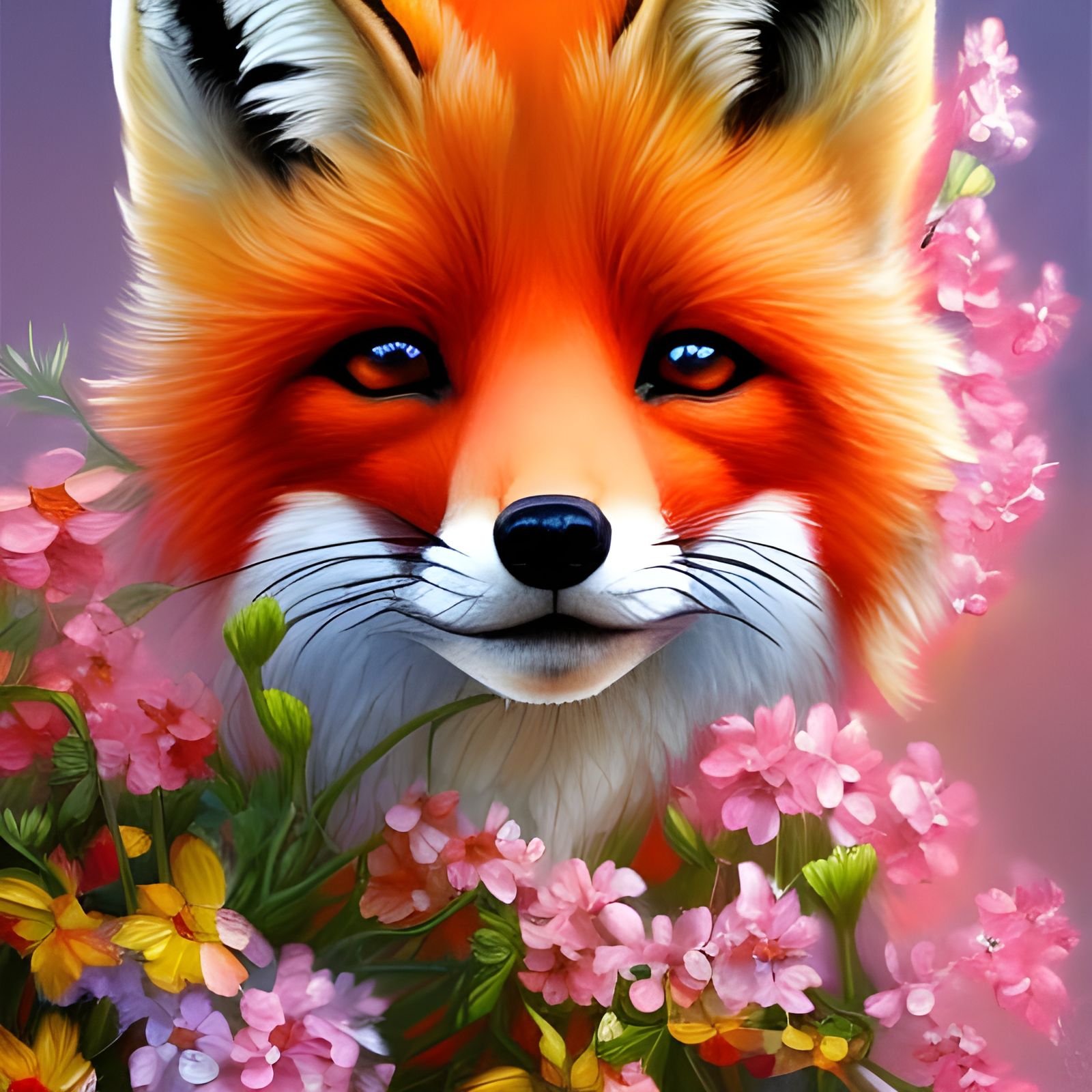 Fox in Floral Explosion: Oil Painting Style