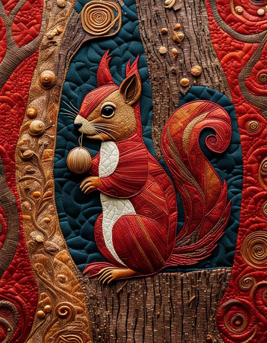 Expressionist Fabric Collage of a Red Squirrel
