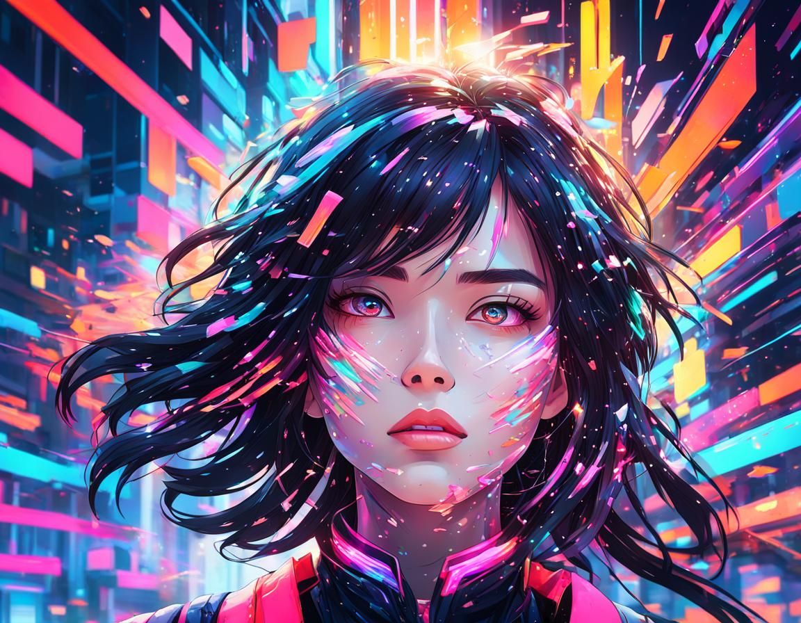 Glitch Art: Disintegrating Anime Girl in Cyberpunk Style