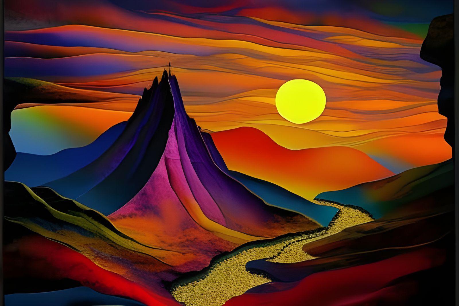 Psychedelic Mountain Sunset in Alcohol Ink Style
