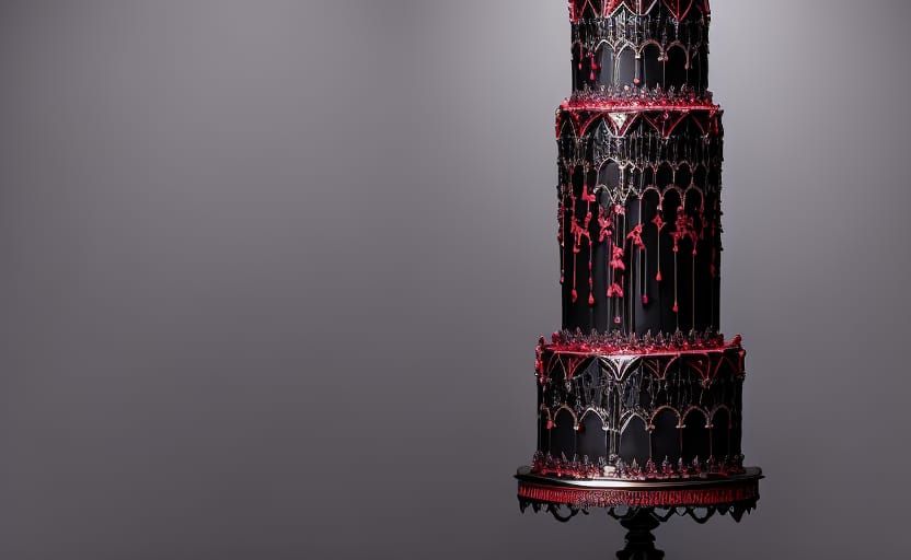 Ornate Black Cake with Dripping Red Frosting
