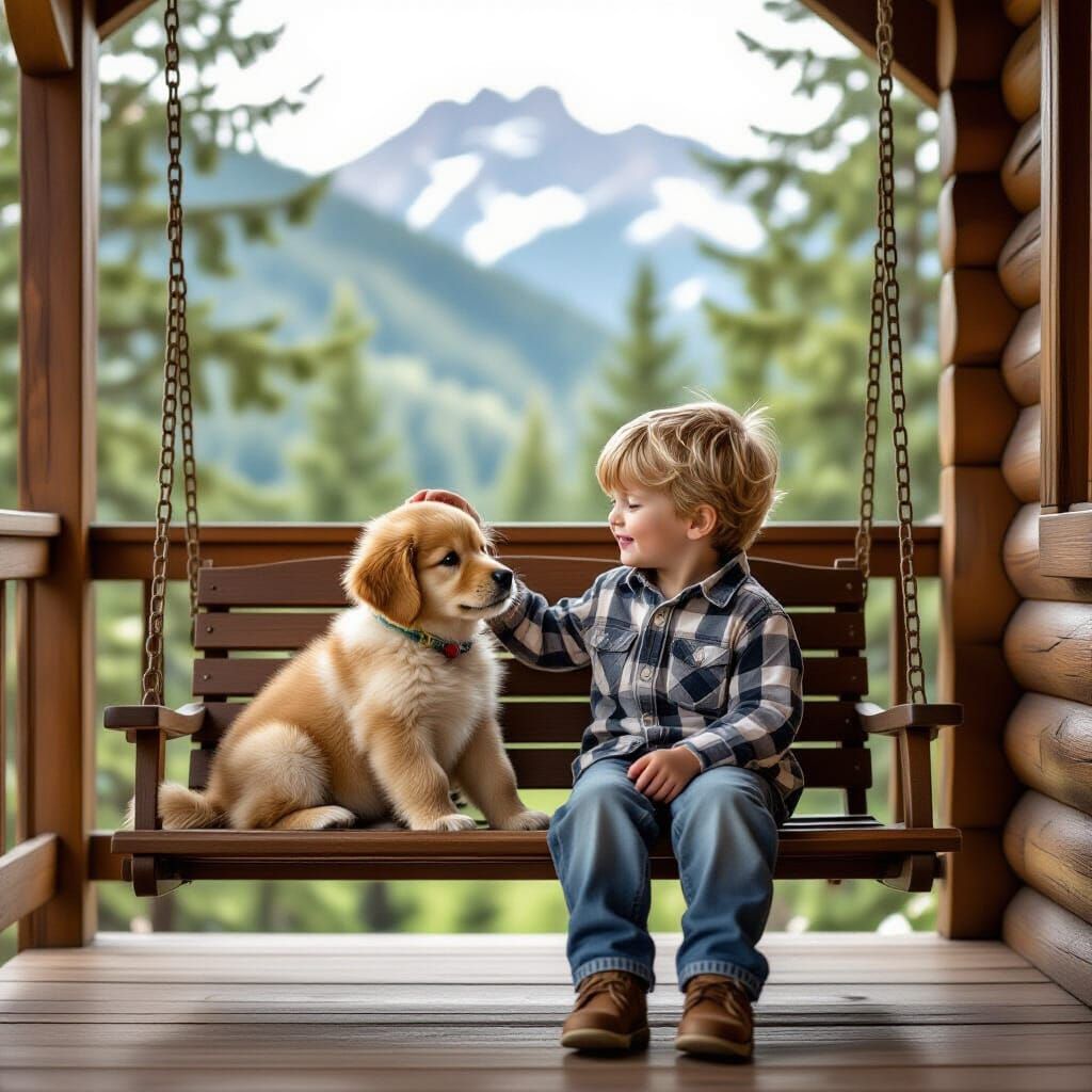 Boy Petting Golden Retriever on Cabin Swing in Misty Rockies