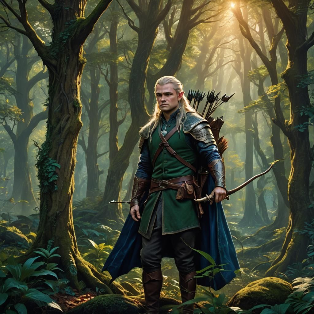Legolas in Lush Forest: Fantasy Concept Art