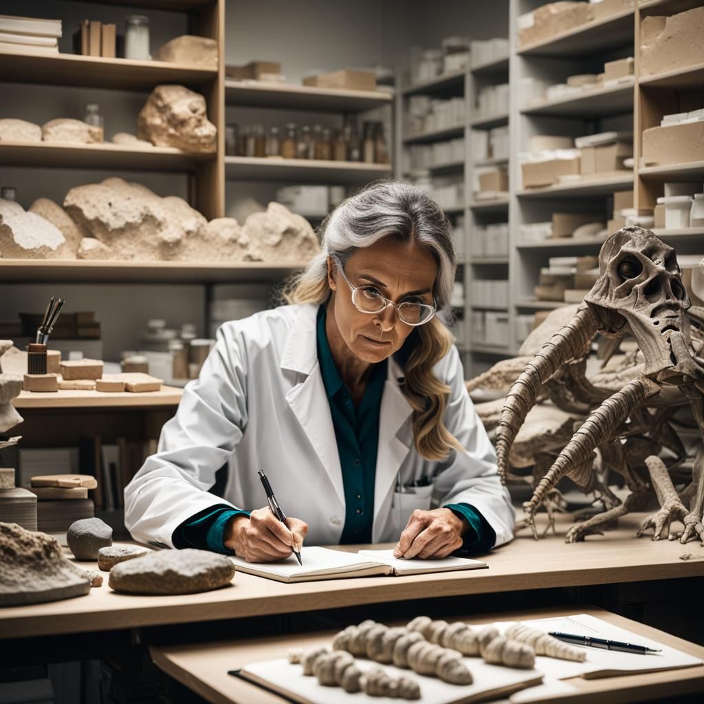 Geologist in Lab with Fossil, Cinematic Film Still