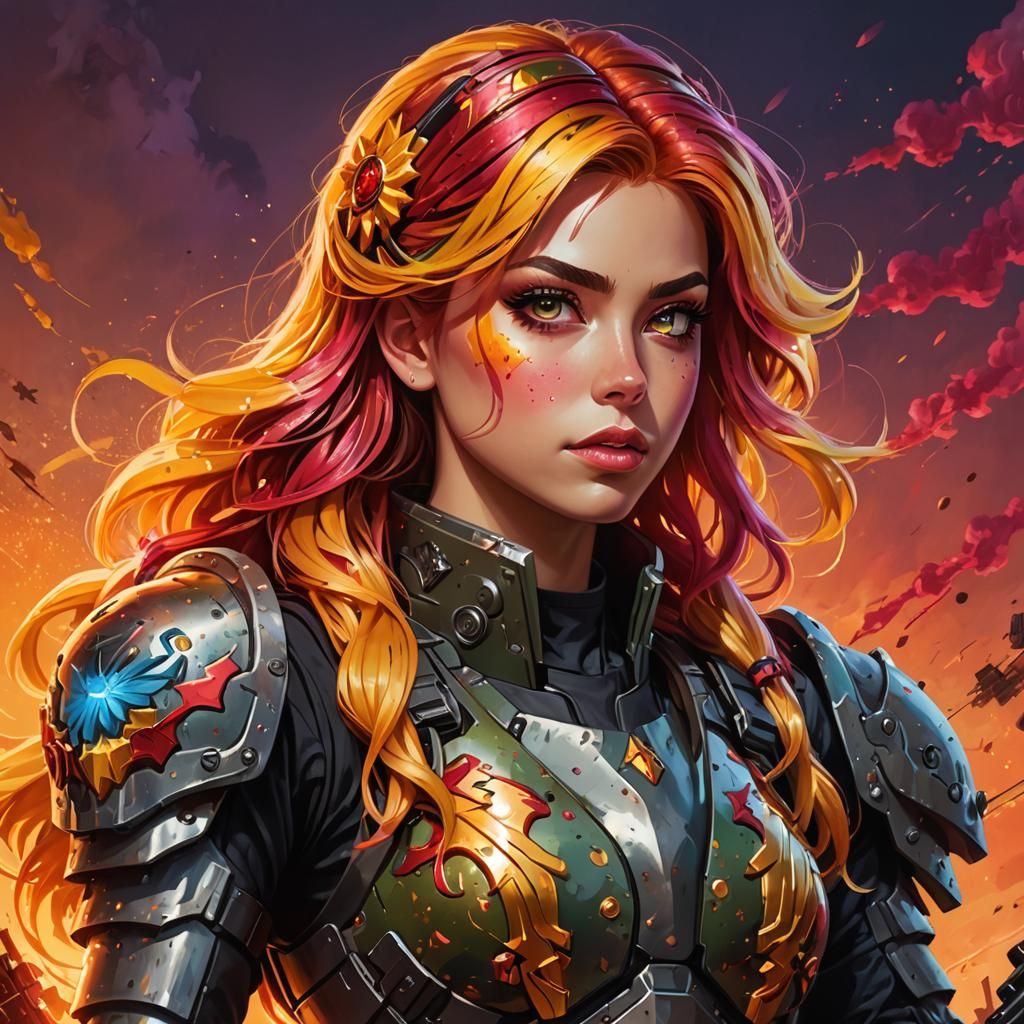 Sunset Shimmer in Armor: Graffiti Art Style