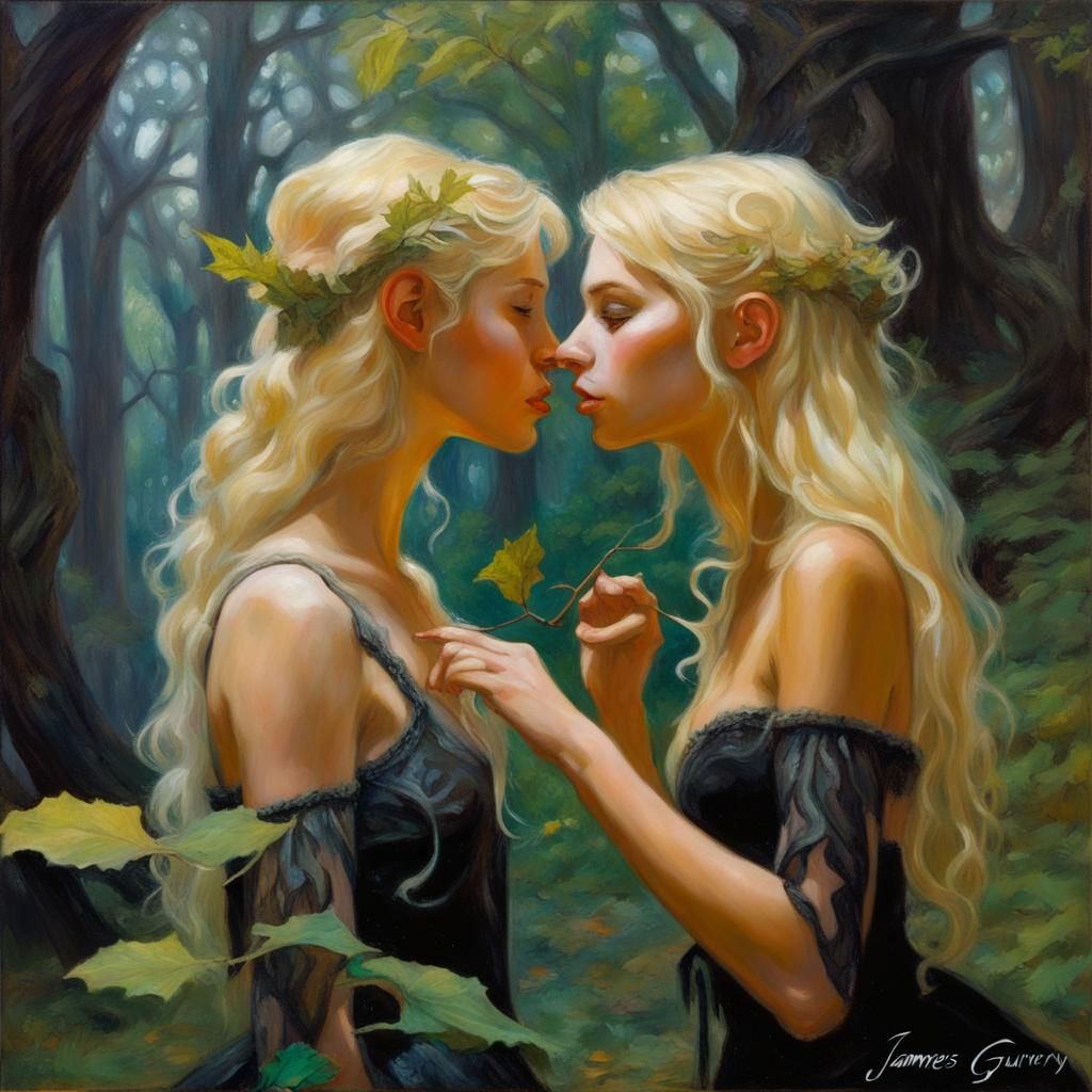 Teen Elf Lesbians Kissing in Dark Magic Forest