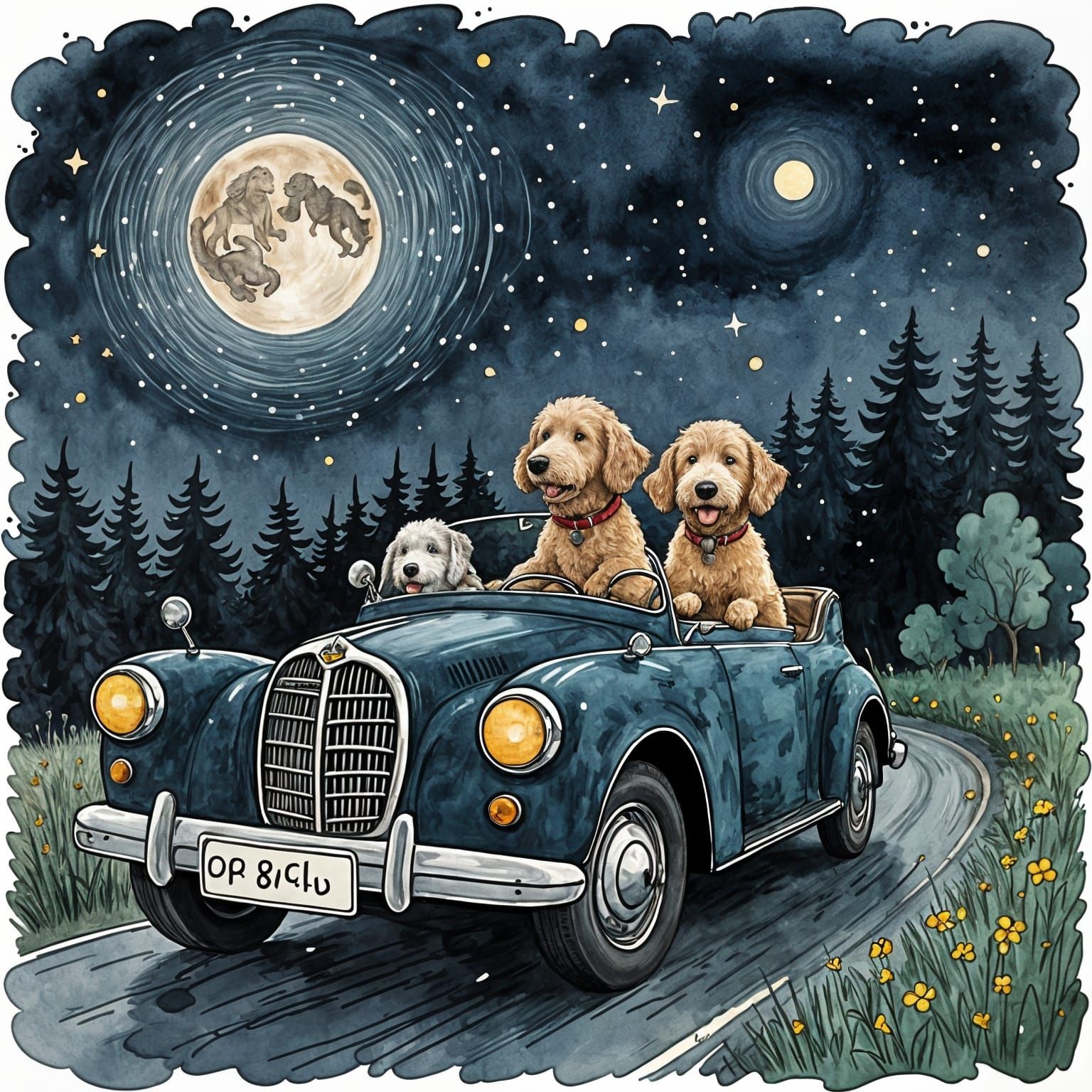 Three Adorable Goldendoodles Drive Fast Under the Moonlit Ni...