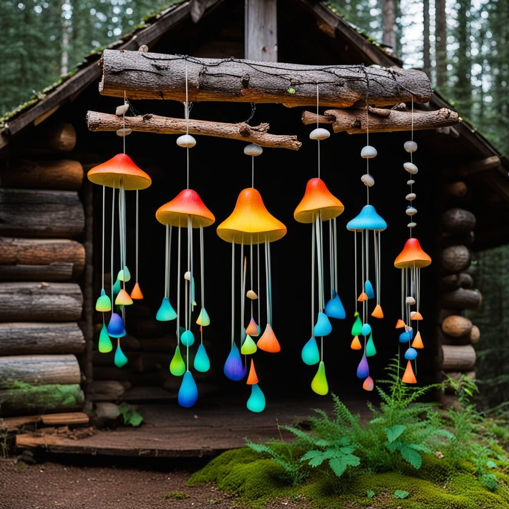 Glowing Mushroom Windchimes at Log Cabin Door