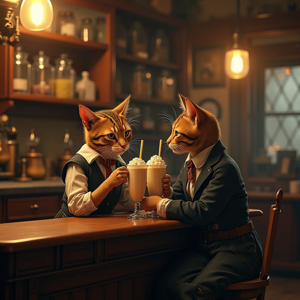 Victorian Cats at Soda Fountain, Rockwell Style