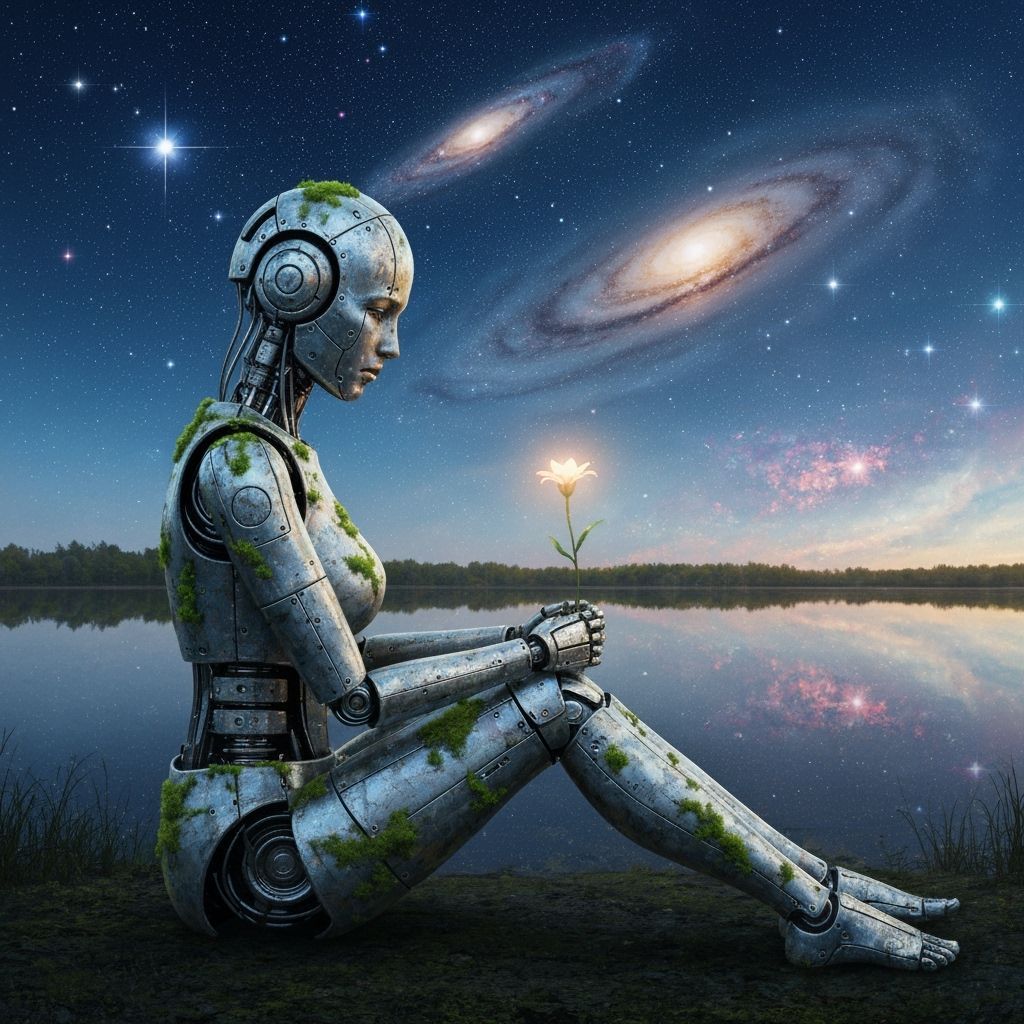 Melancholic Robot by Cosmic Lake, Glowing Flower