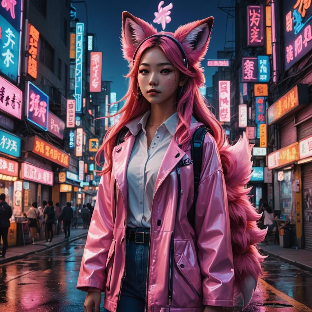 Anime-Inspired Fox Girl in Neon Cityscape