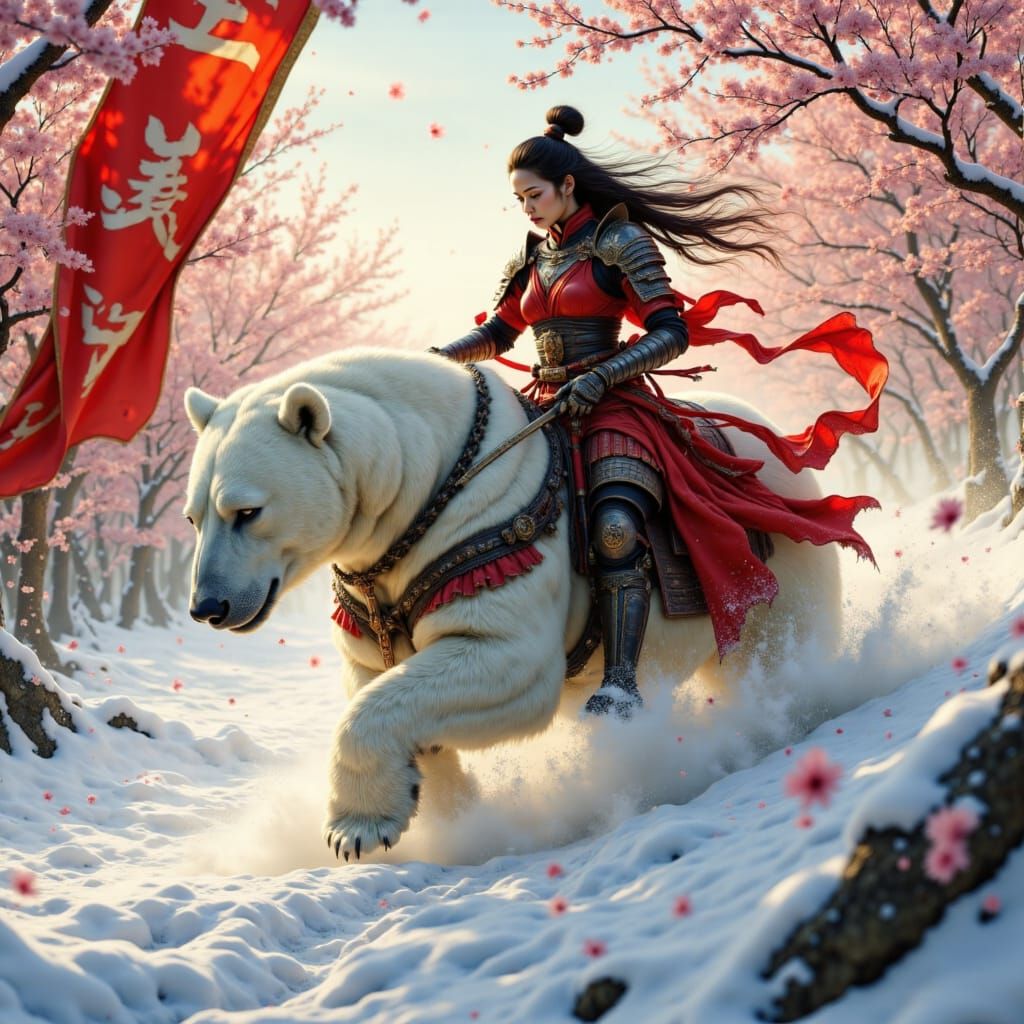 Samurai Warrior Rides Polar Bear Through Snowy Forest