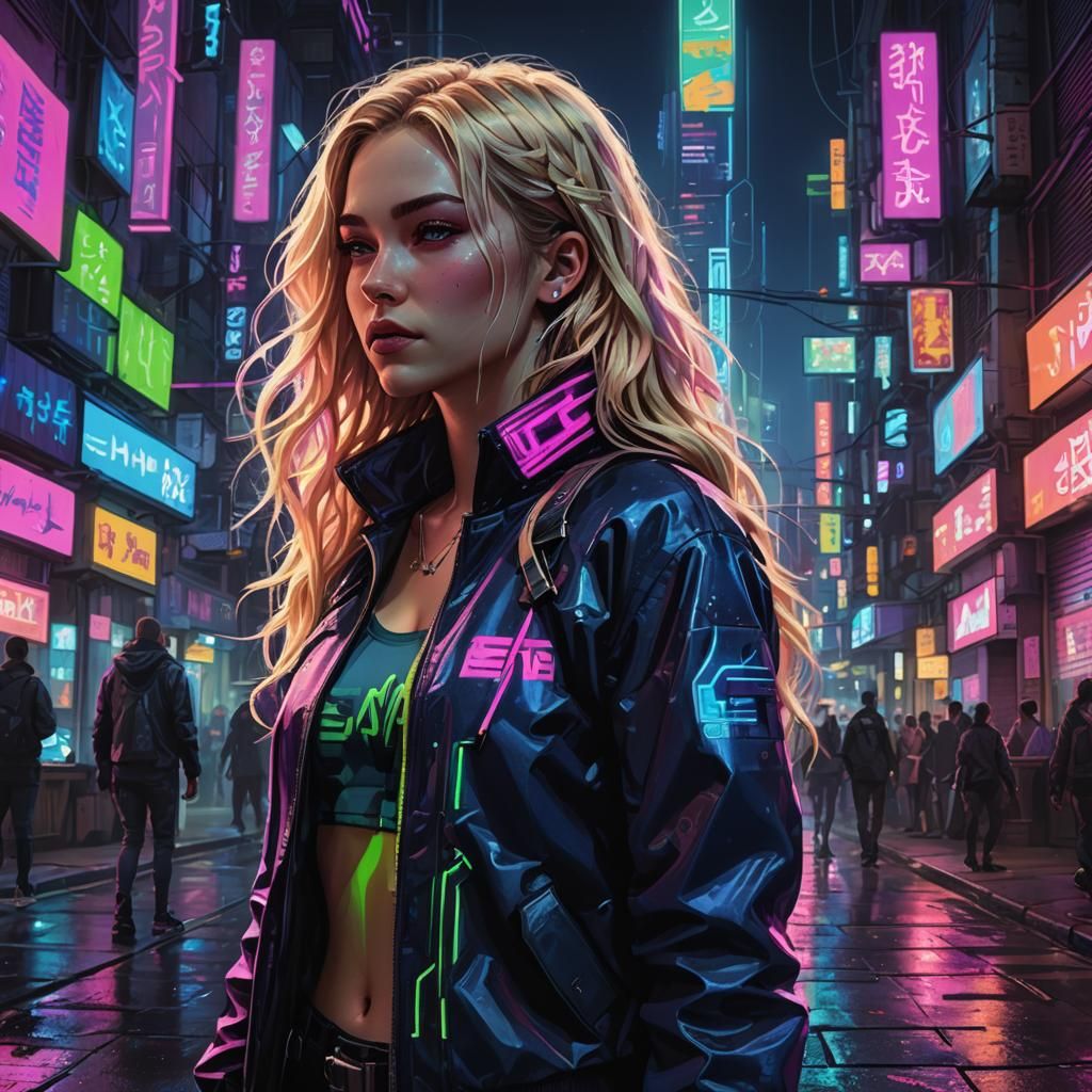 Cyberpunk Girl in Neon Cityscape, Digital Painting