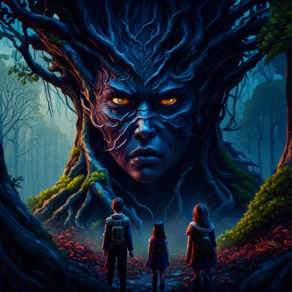 Fantasy Scene with God Watching Over Three Figures