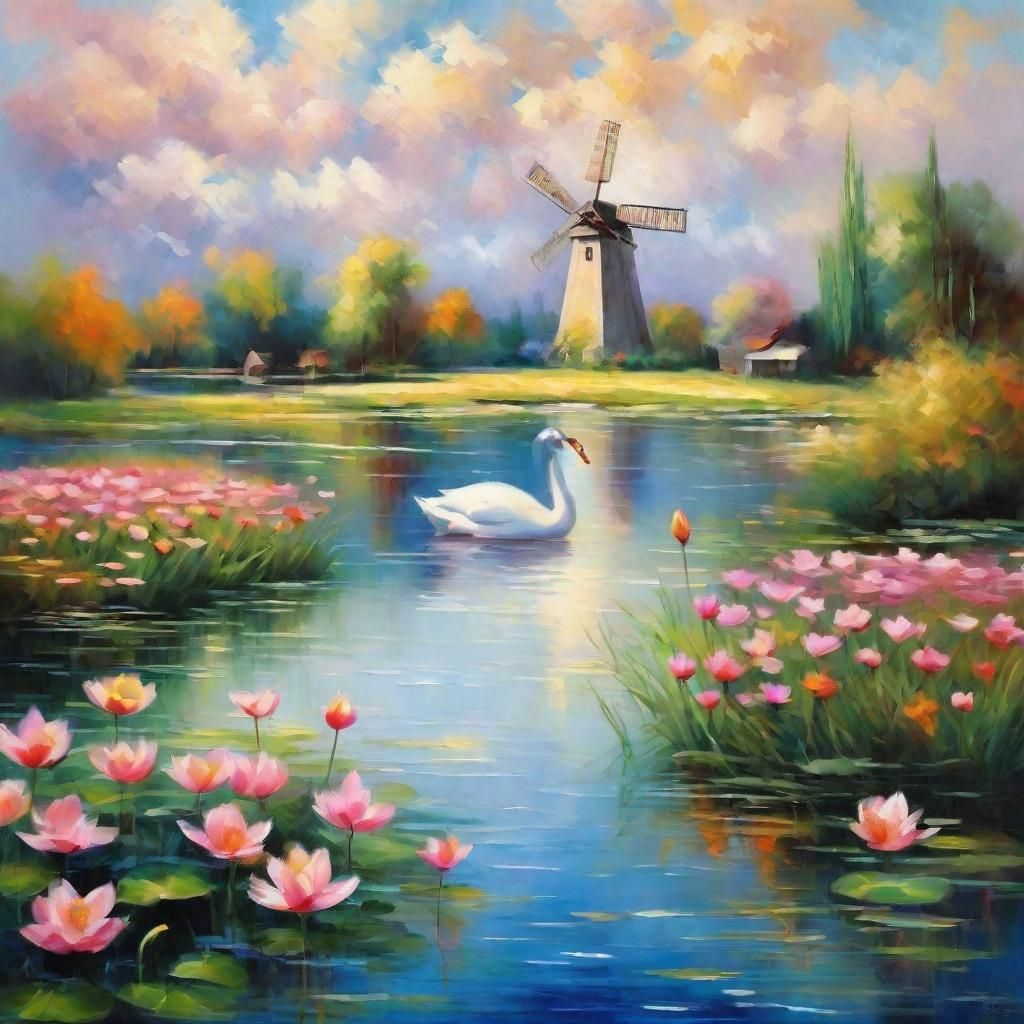 Colorful Windmill Landscape with Swan in Impressionist Style