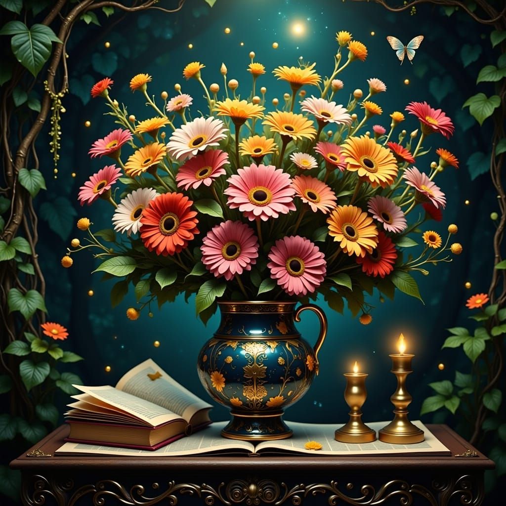 Floral Still Life with Golden Accents