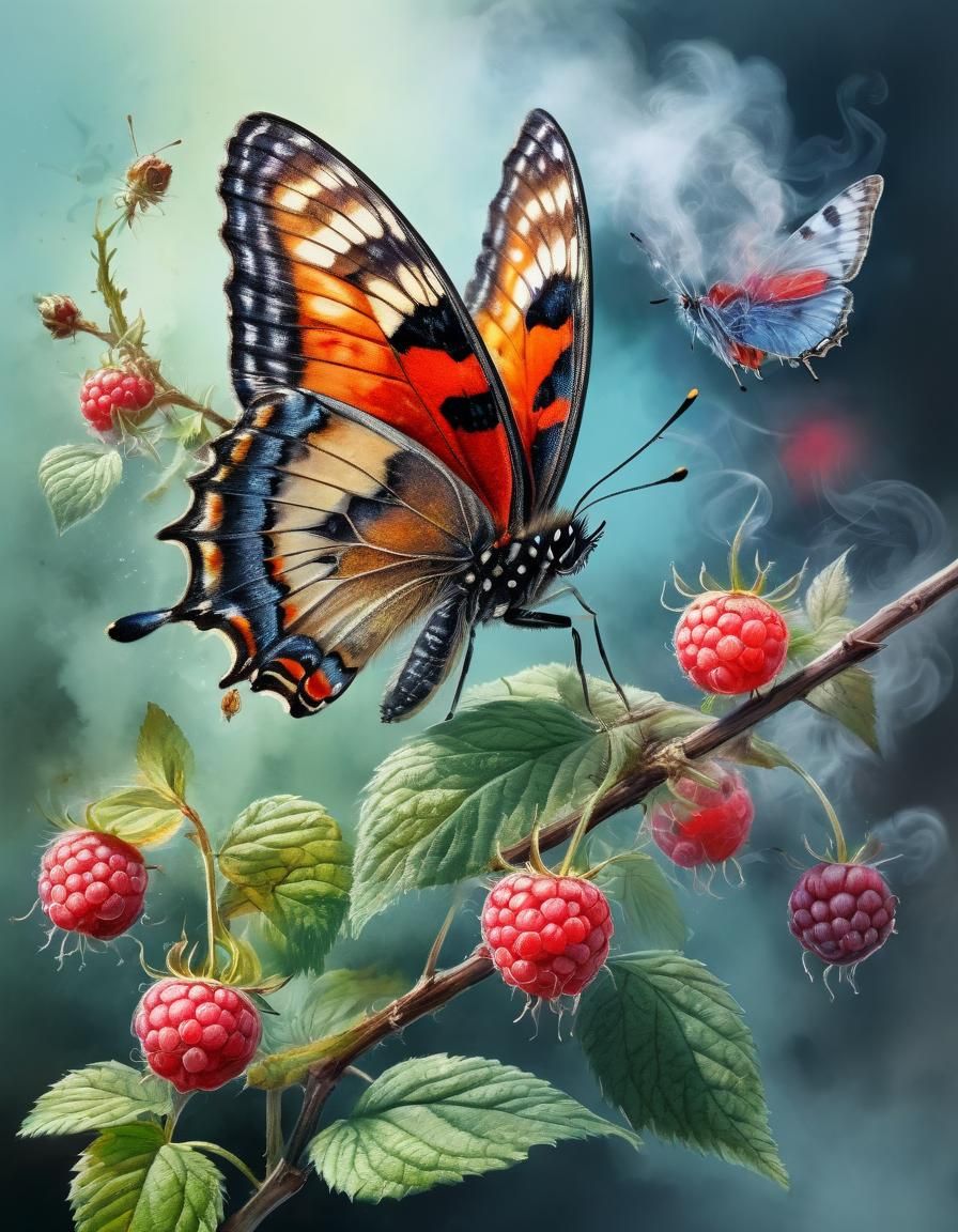 Watercolor Robin on Raspberry Branch with Butterflies