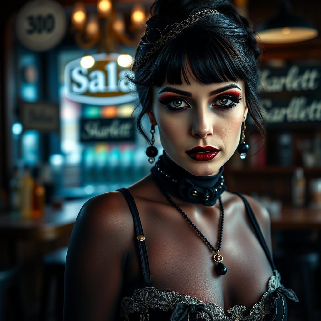Skarlett, Gothic, Heavy make-up, Black shiny pantyhose, ballerina shoes, Saloon in the year 1830, Signs with the text Sk...