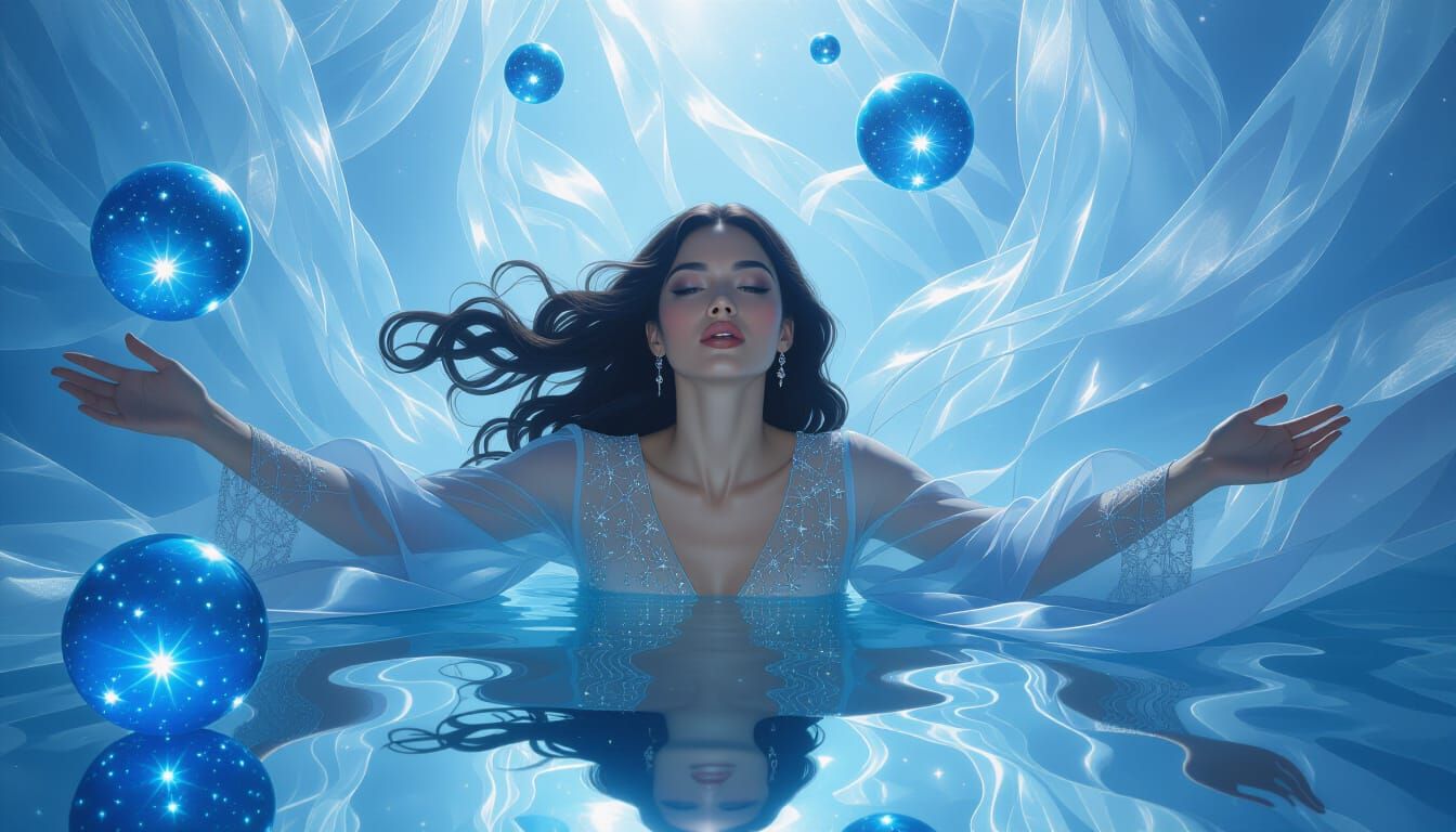 Amara Floating Amidst Starry Organza and Cosmic Orbs