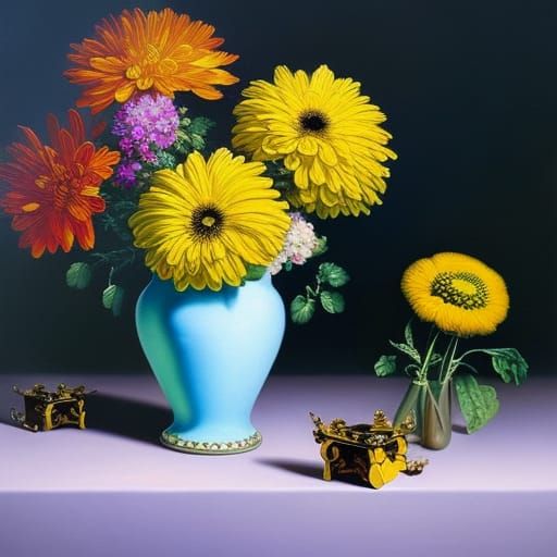 Chrysanthemums and Bumblebees in Rococo Style