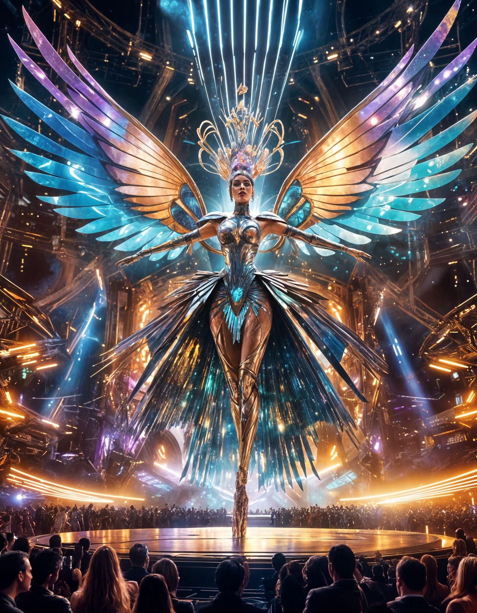 Futuristic Showgirl with Mechanical Wings on Cosmic Stage