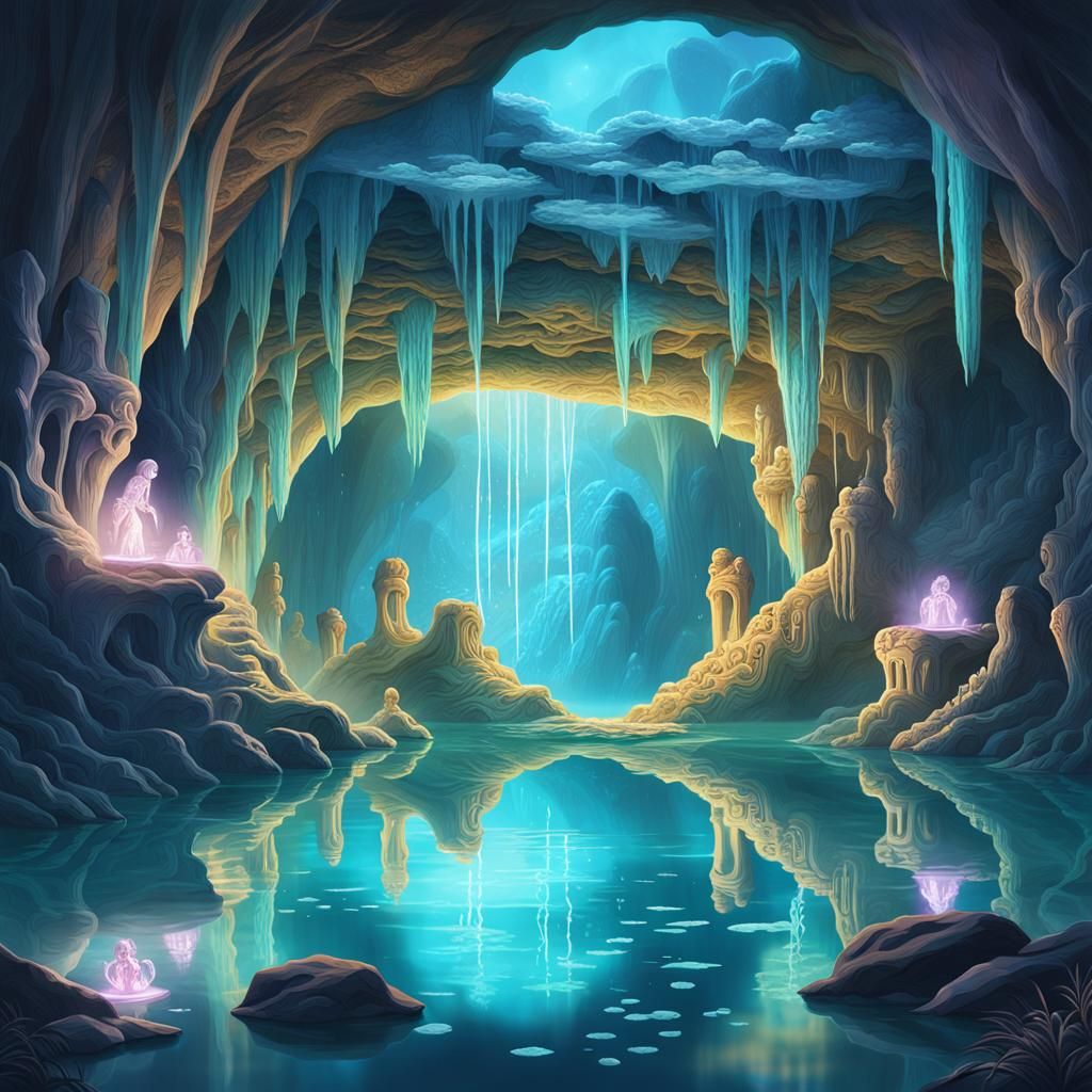 Bioluminescent Cave with Ancient Carvings: Fantasy Art