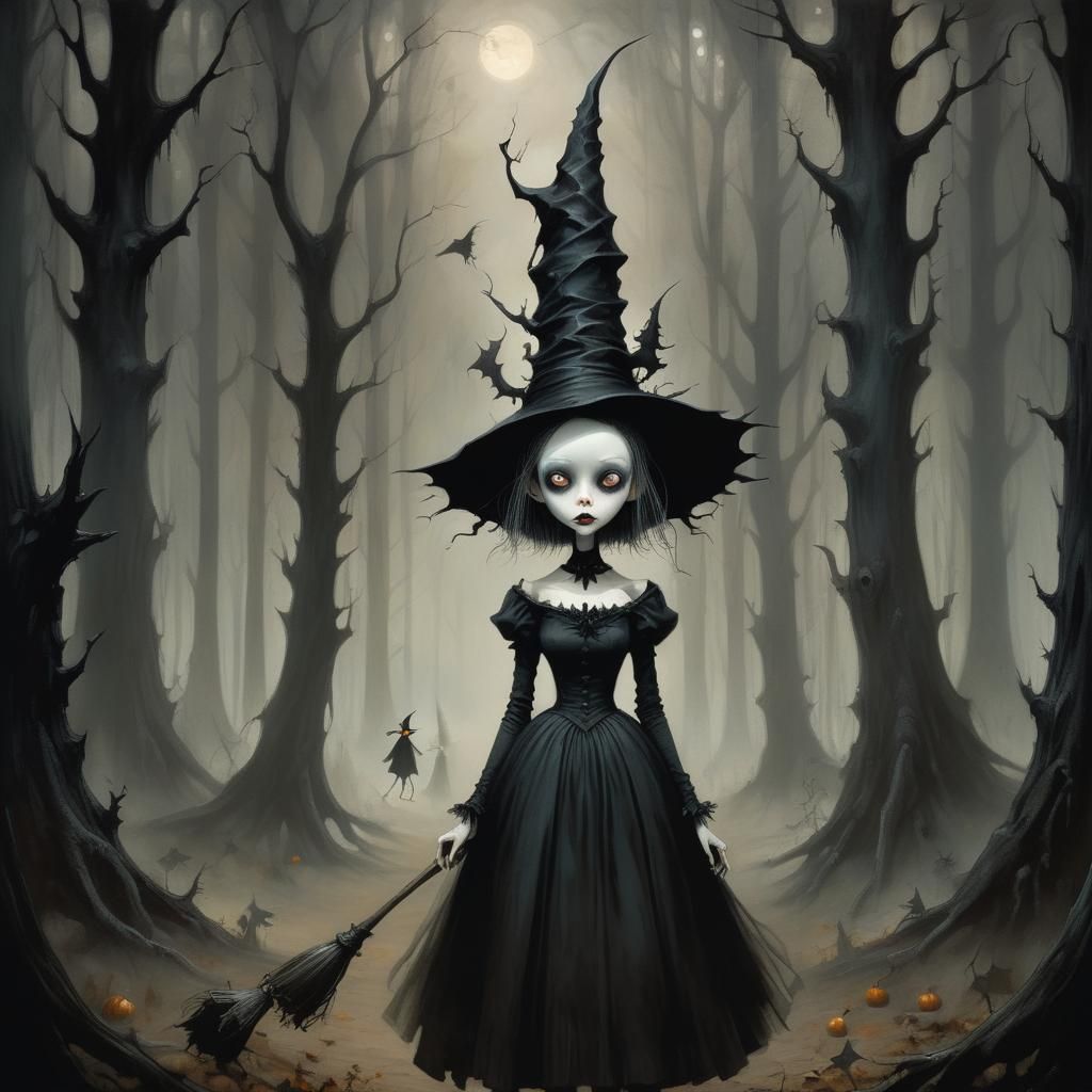 Witch in Spooky Forest, Dark Surrealism Style