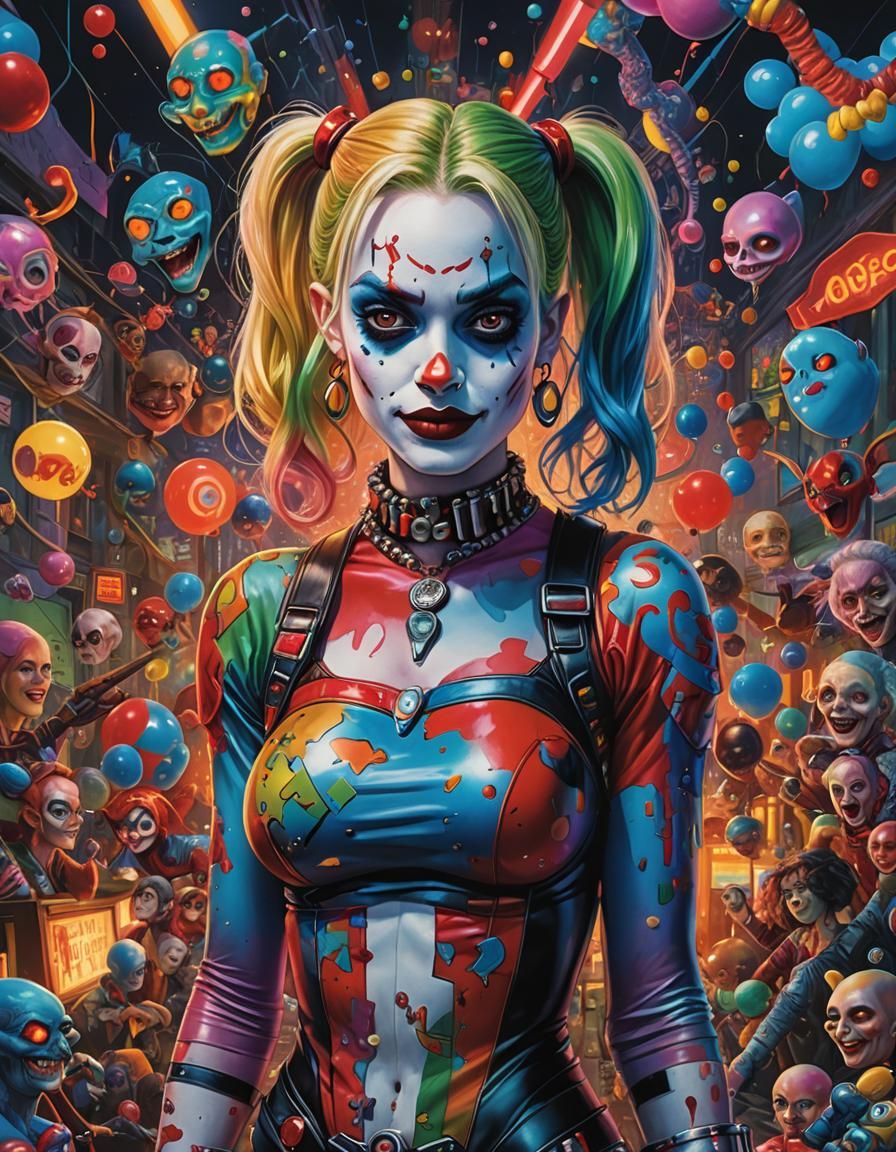 Bioluminescent Harley Quinn Portrait in Neon Style