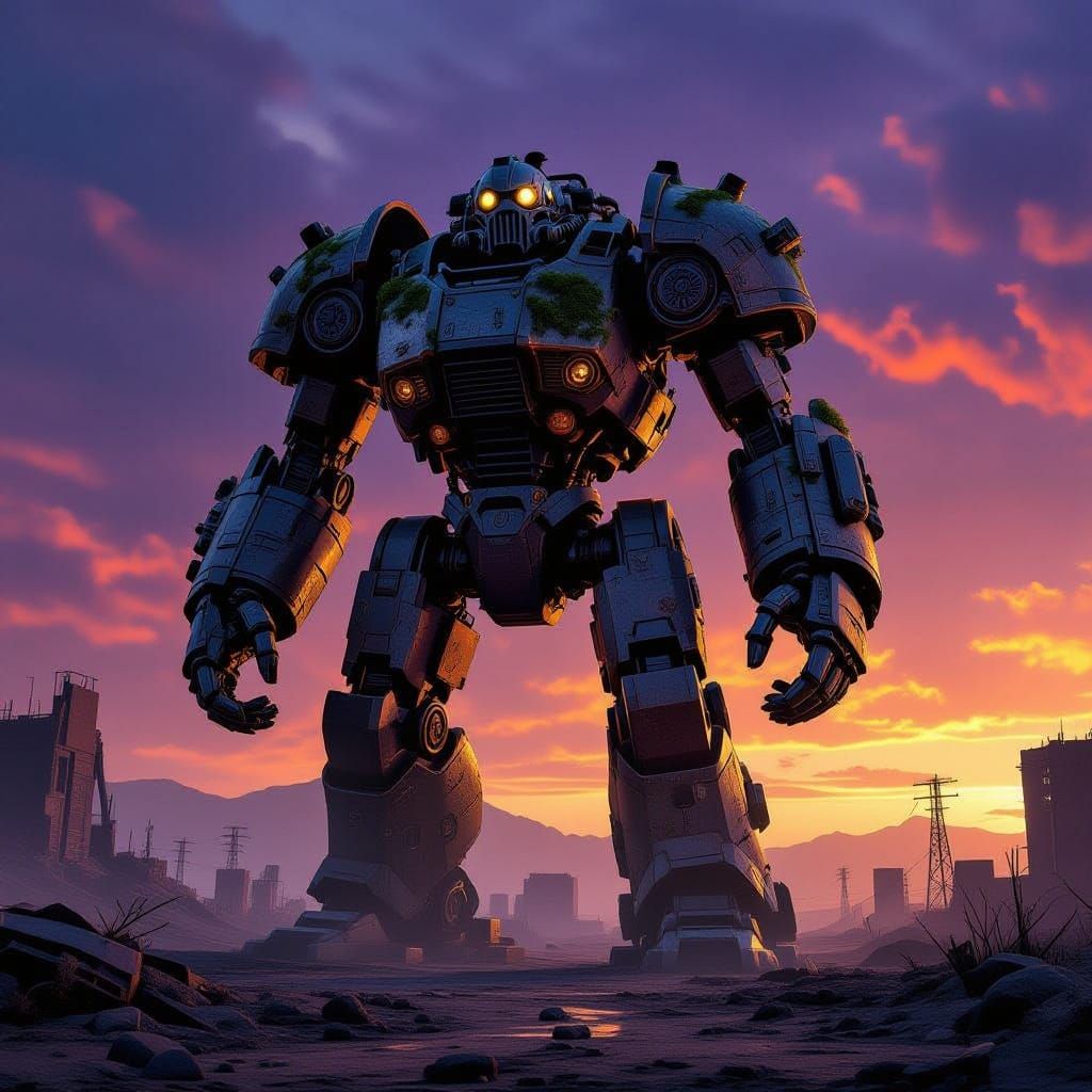 Ancient Robot Sentinel in Post-Apocalyptic Wasteland