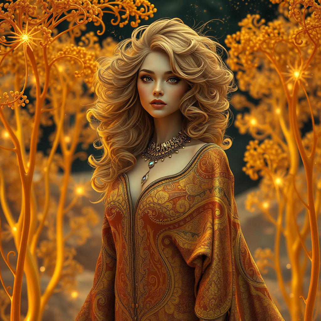 Golden Woman in Art Nouveau Landscape