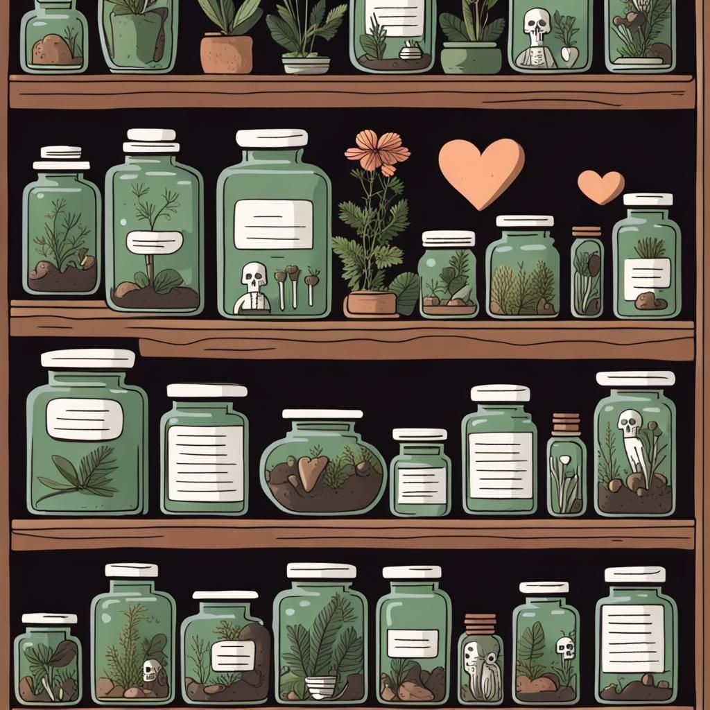 Apothecary Shelf Still Life with Skulls and Plants