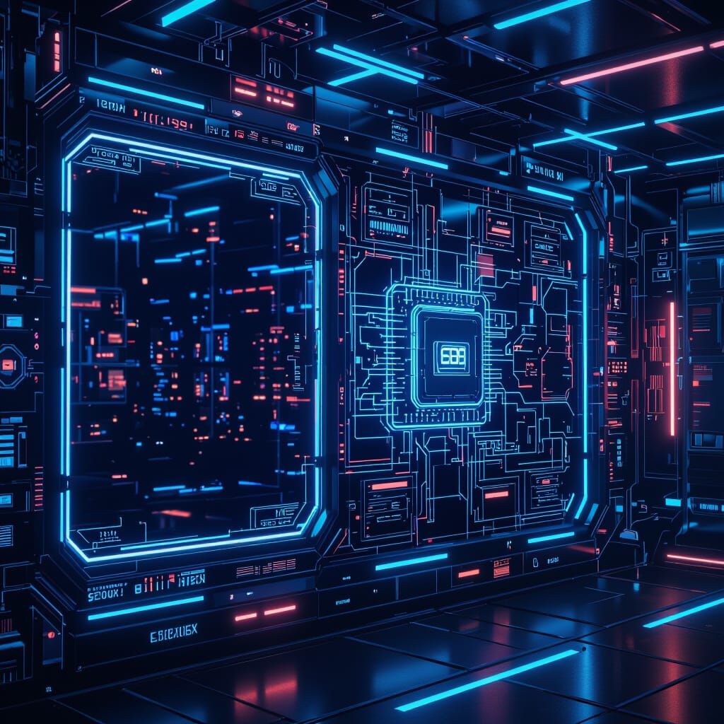 Futuristic Deep Blue Interface with Mining Rigs in Cyberpunk...