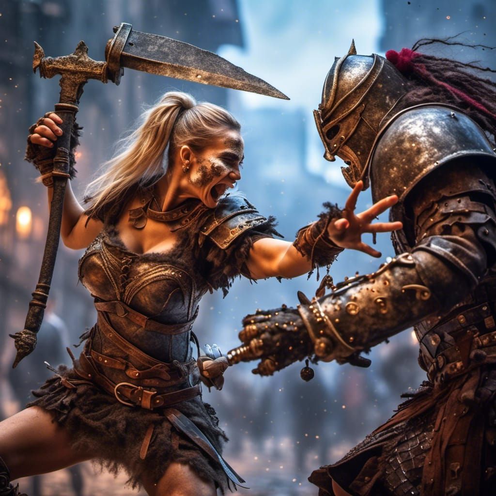 Human Warrior vs Armored Ork in Medieval City