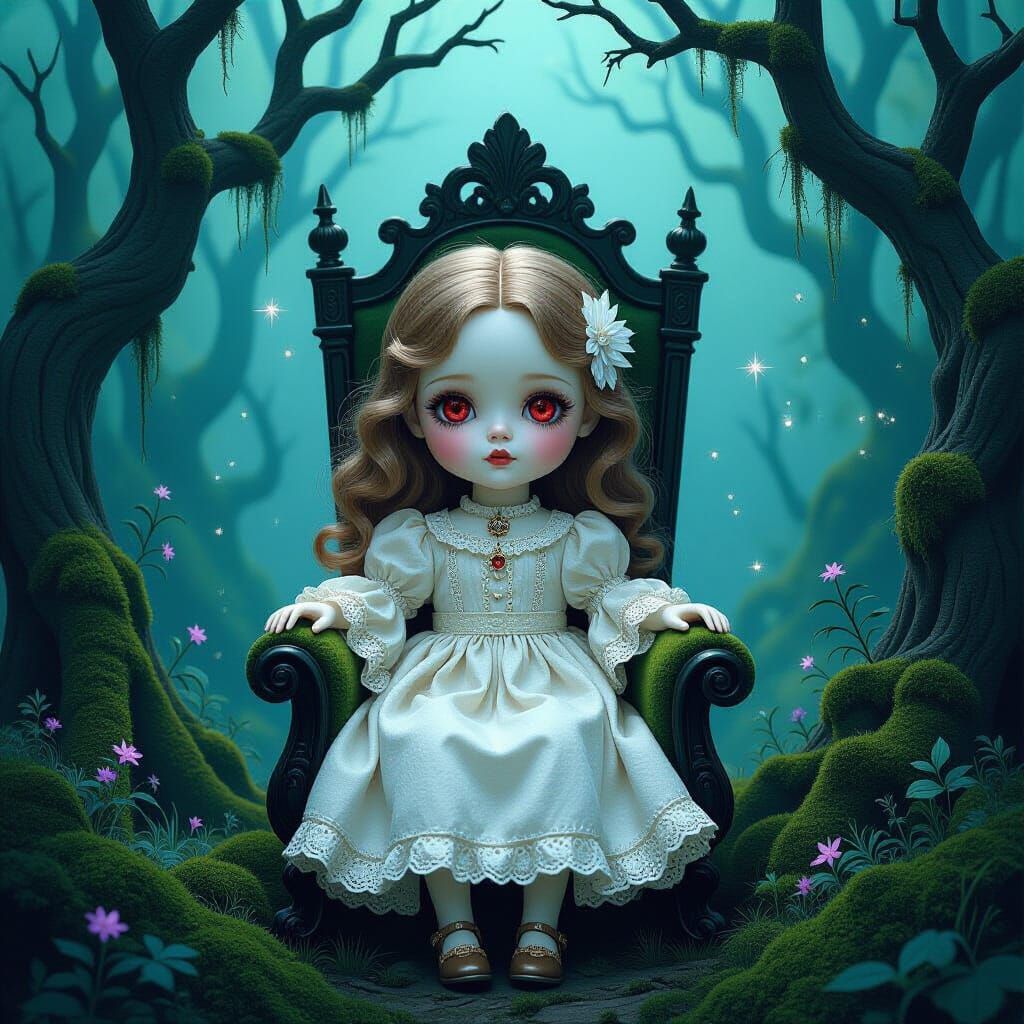 Porcelain Doll in Mystic Grove: Dark Fantasy Illustration