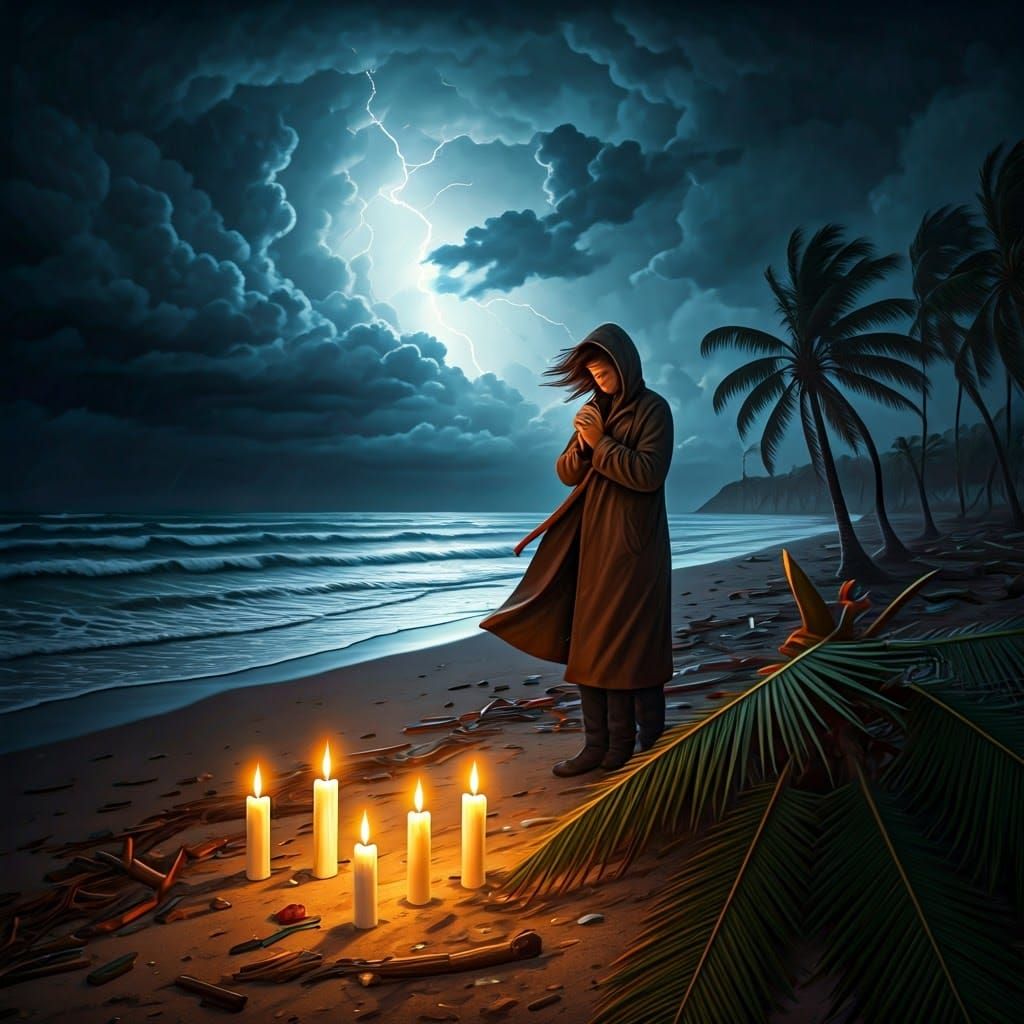 Candlelit Vigil on Stormy Beach in Dark Surrealism