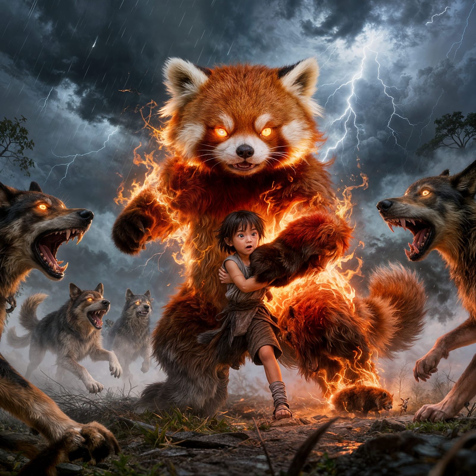Brave Red Panda Protects Child From Dogs in Fiery Aura