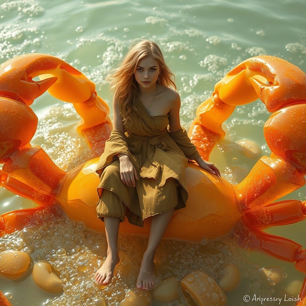 Girl on Gummy Crab in Soda Ocean, Dreamlike Illustration