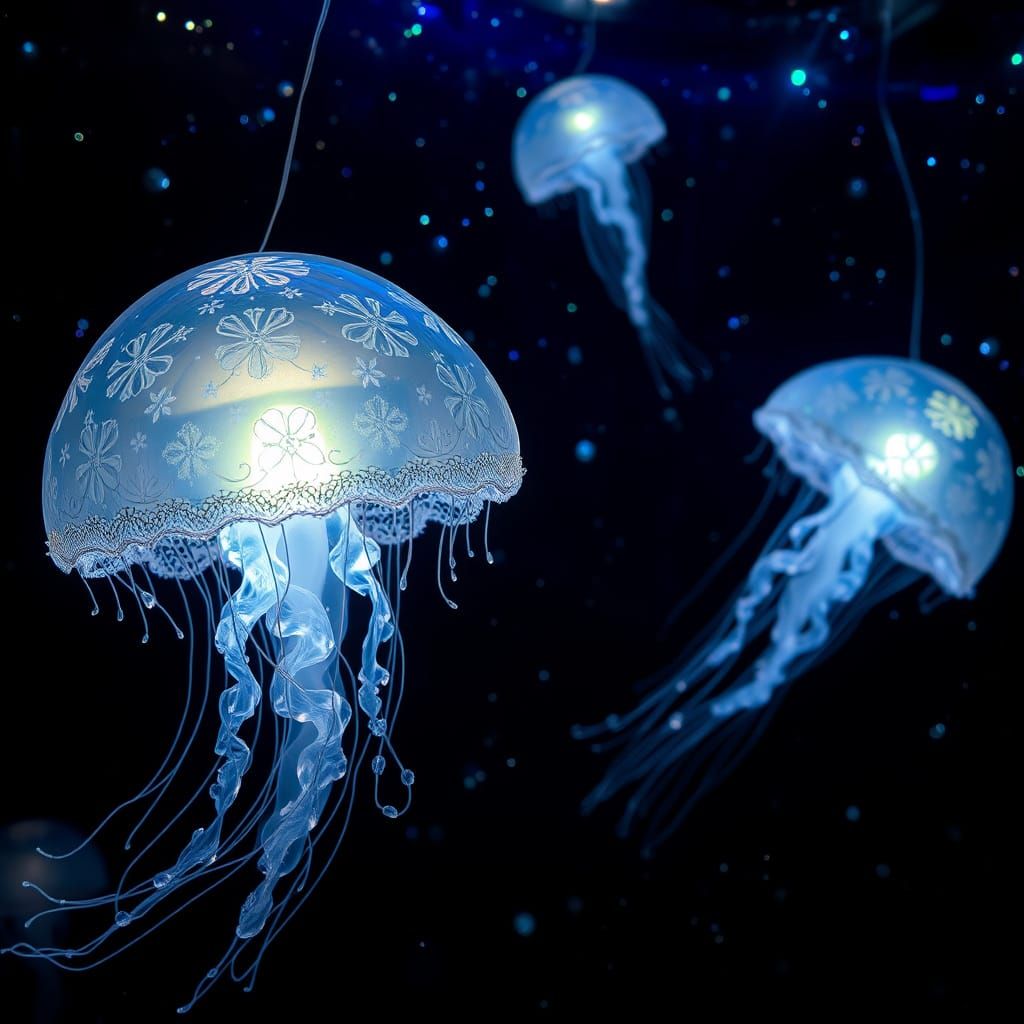Glass Jellyfish in Starry Ocean, Inspired by Lalique