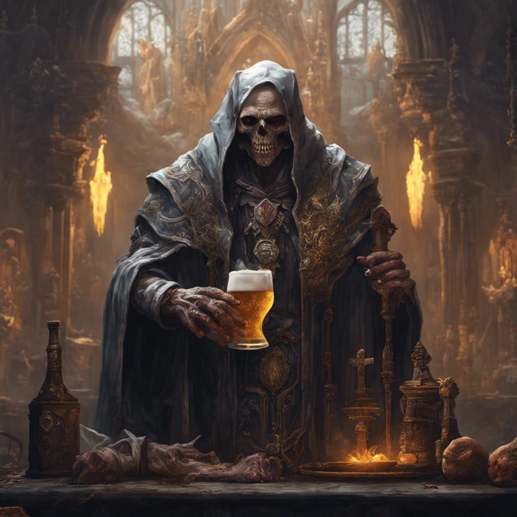 Undead Priest's Beer Break: Dark Fantasy Art