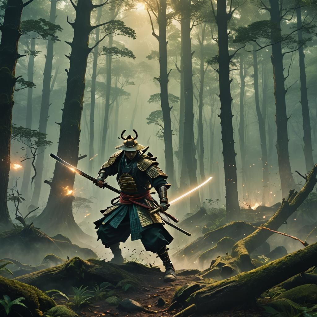 Samurai Slices Through Misty Forest in Anime Style