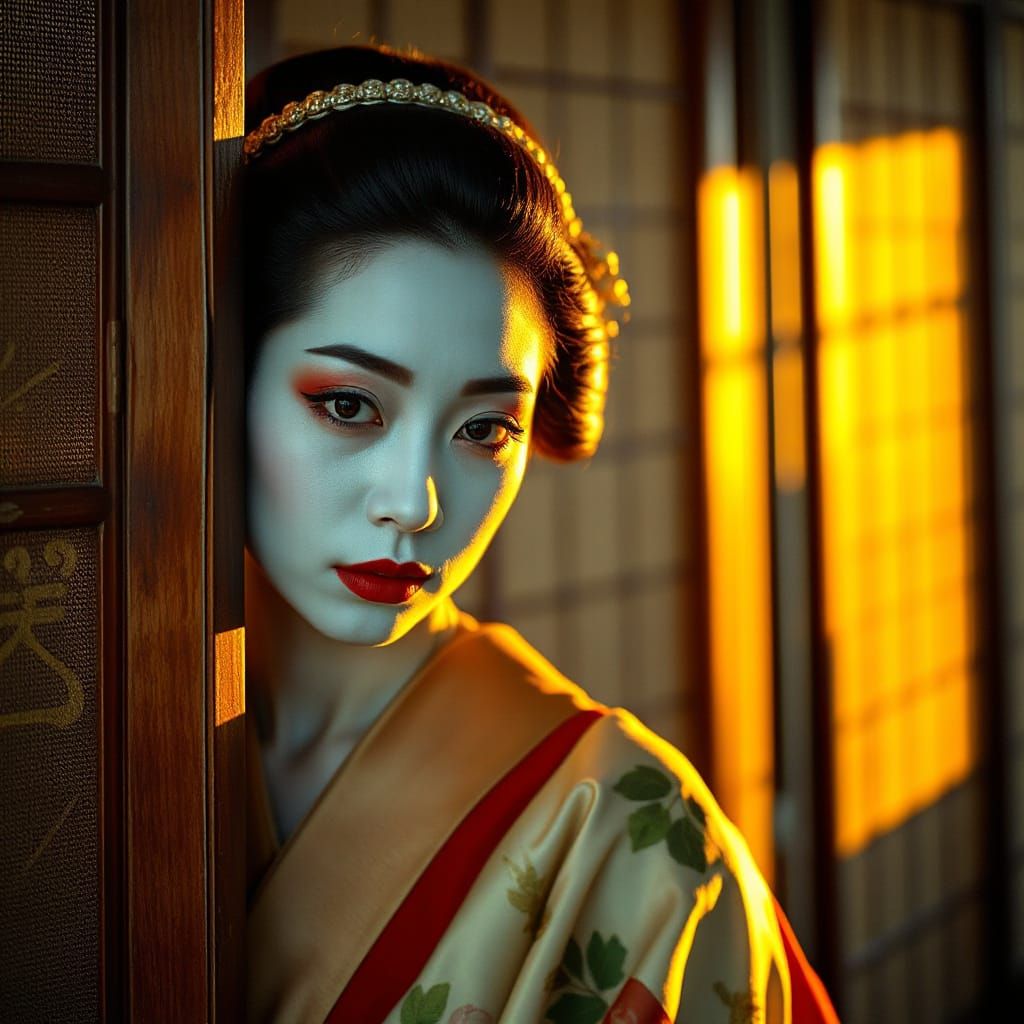 Kabuki Woman Peering Around Folding Screen in Golden Hour