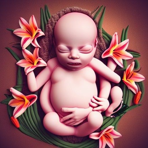 Fetus in Womb with Red Lilies: 3D Ultrasound