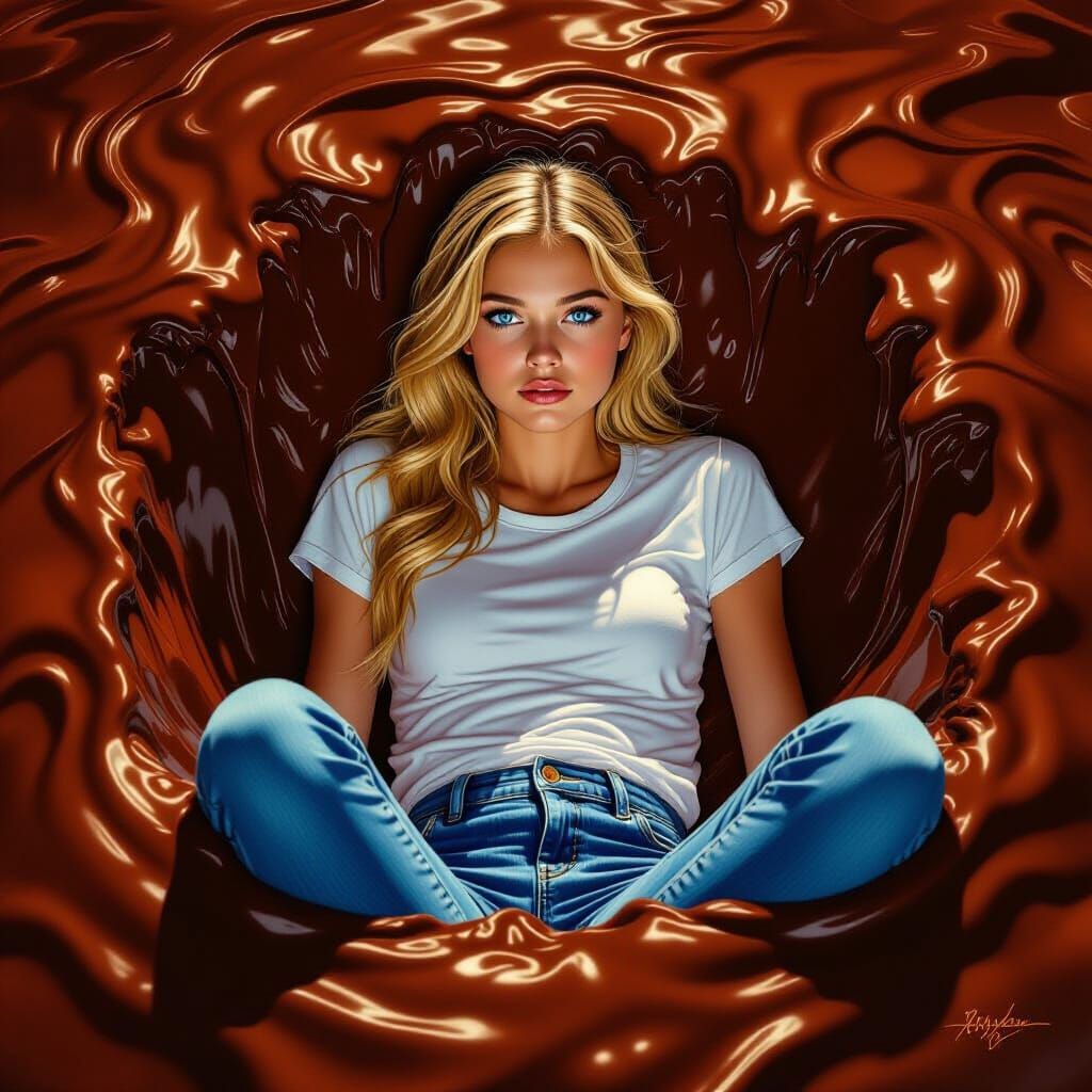 Girl Sinks Into Dark Chocolate Pit Hyperrealistic Art