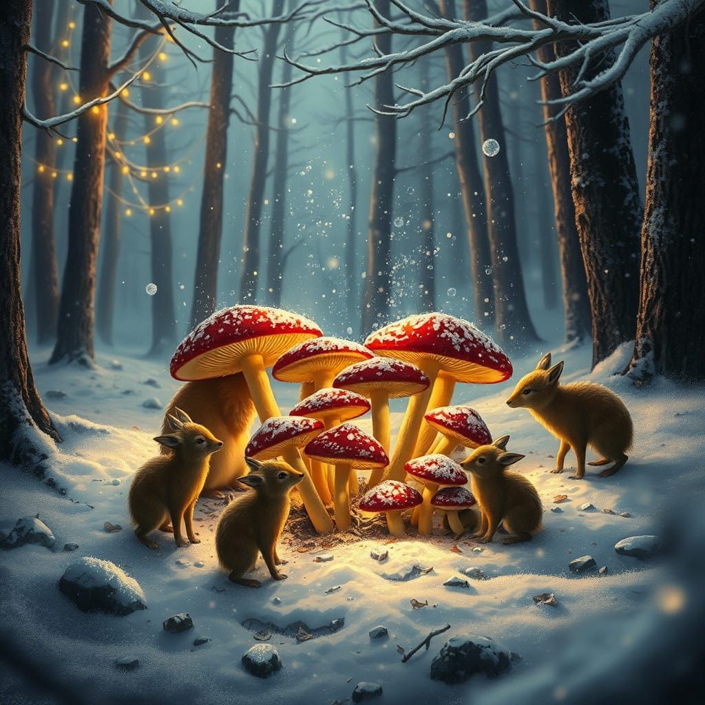 Surreal Winter Wonderland Gathered Around Glowing Mushrooms